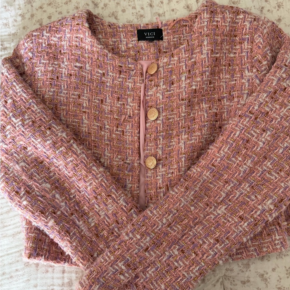 VICI Pink Set Multi-Tone Tweed Cropped Jacket with Gold Buttons an mini skirt